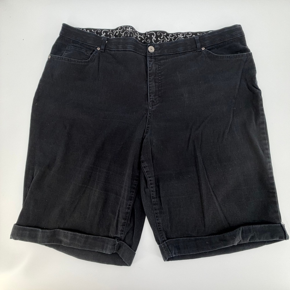 Faded Glory Shorts Womens 26W Black Bermuda Denim Cuffed Plus Size Casual Modest